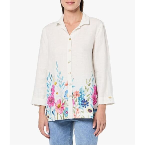 John Mark 100%‎ Linen Floral Border Wire Collar Button Front Size Large - Picture 2 of 12